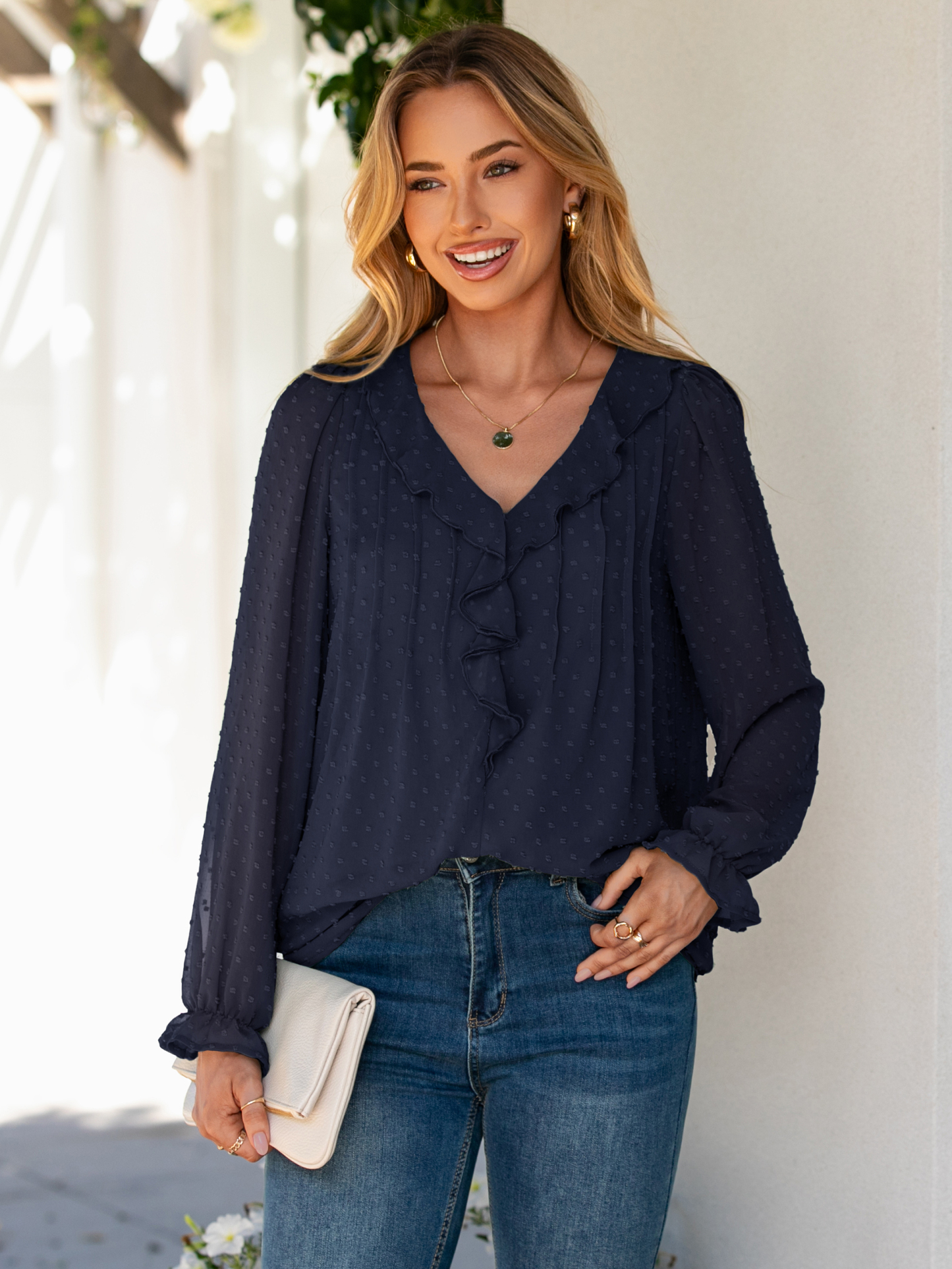 Chiffon V Neck Ruffle Long Sleeve Blouse - Navy Blue