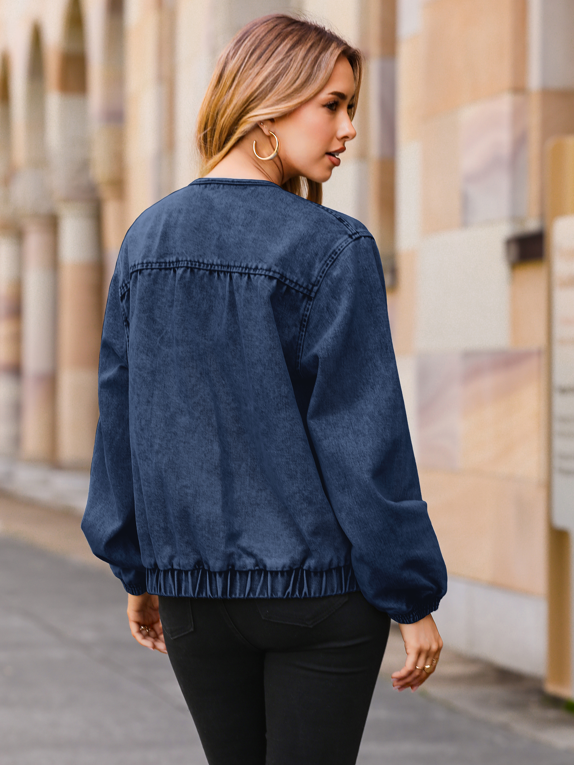 Loose Fit Zip Up Denim Bomber Jacket - Denim Dark Blue