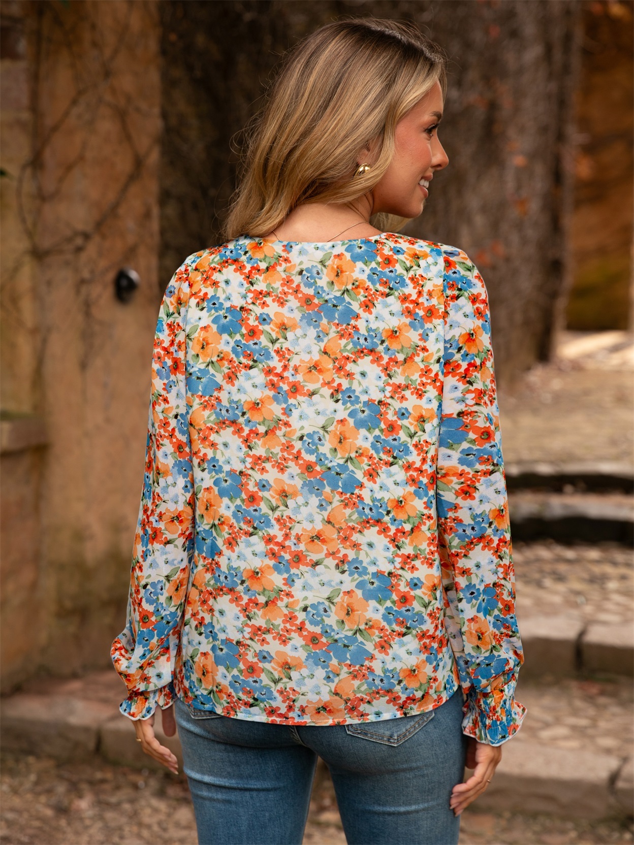 Floral V Neck Long Sleeve Blouse - Orange Floral