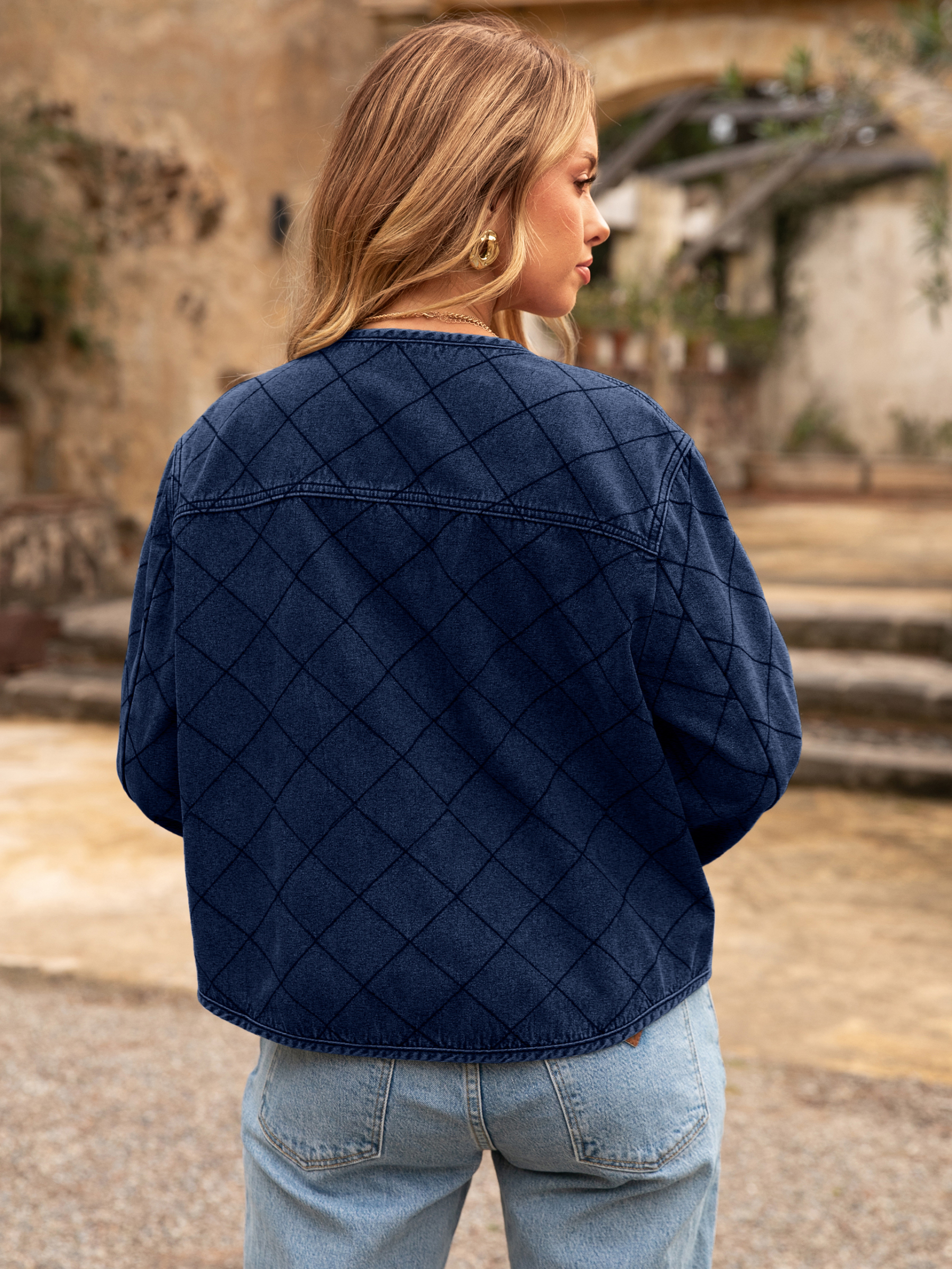 Button Crew Neck Quilted Diamond Denim Jacket - Denim Navy Blue