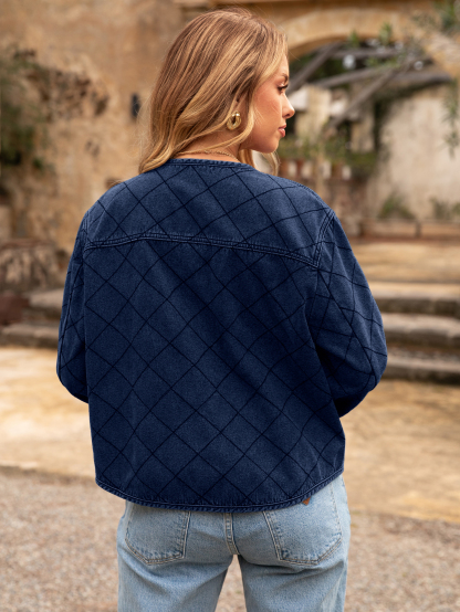 Button Crew Neck Quilted Diamond Denim Jacket - Denim Navy Blue