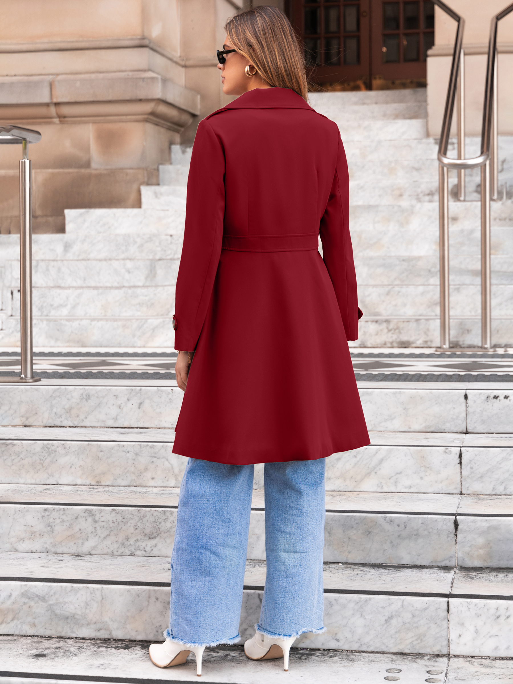 Double Breasted Ruffle Lapel Long Trench Coat - Red