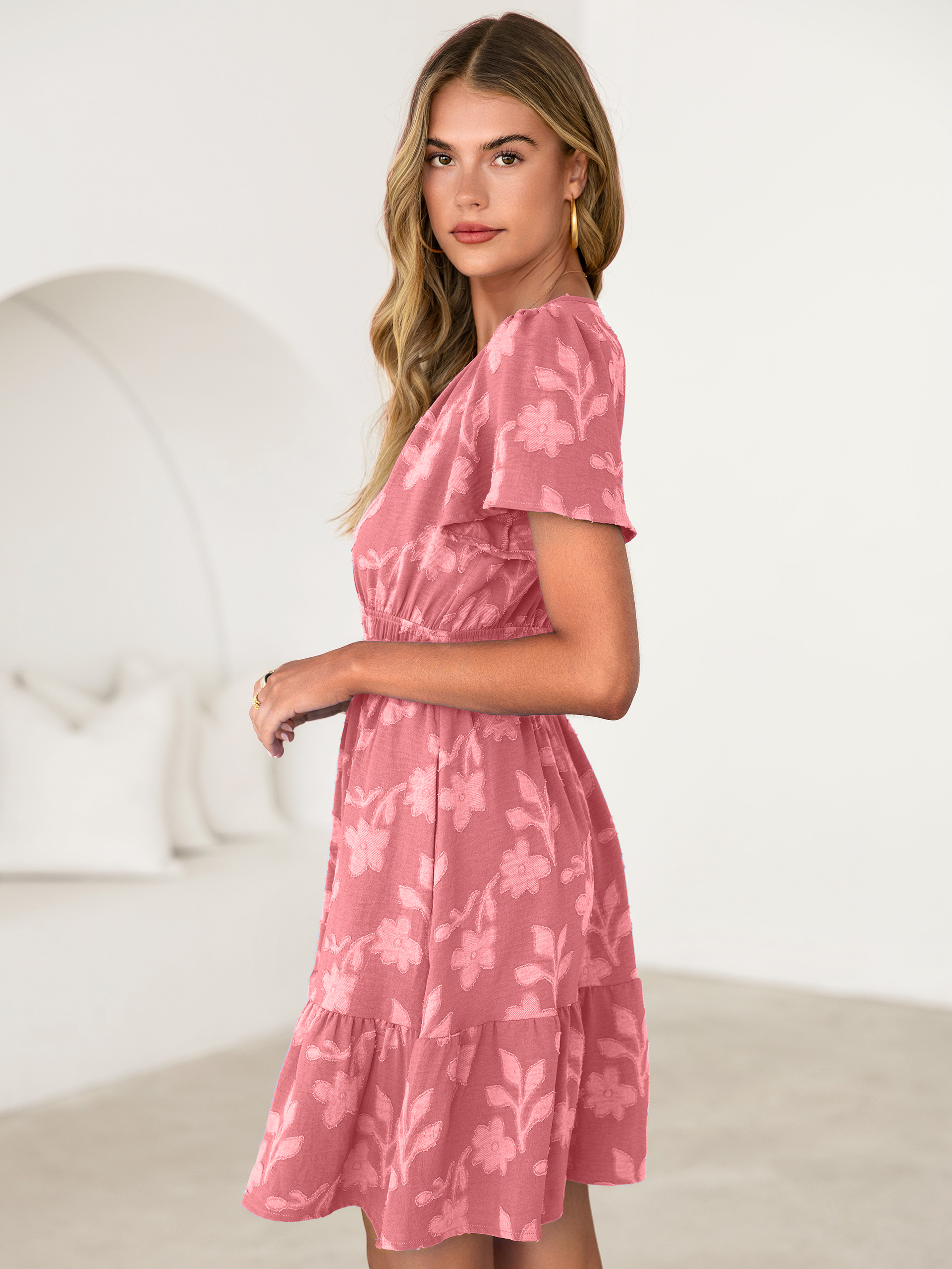 Floral Jacquard V Neck Short Sleeve Mini Dress