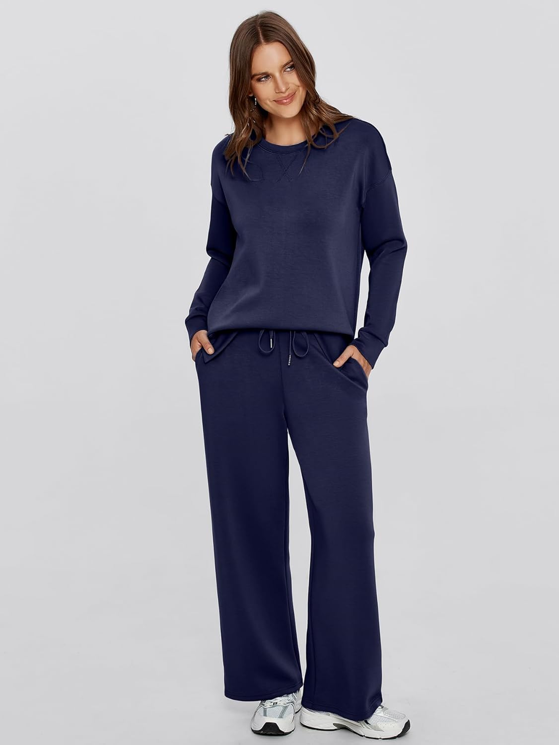 Crew Neck Pullover Two Piece Lounge Set - Navy Blue