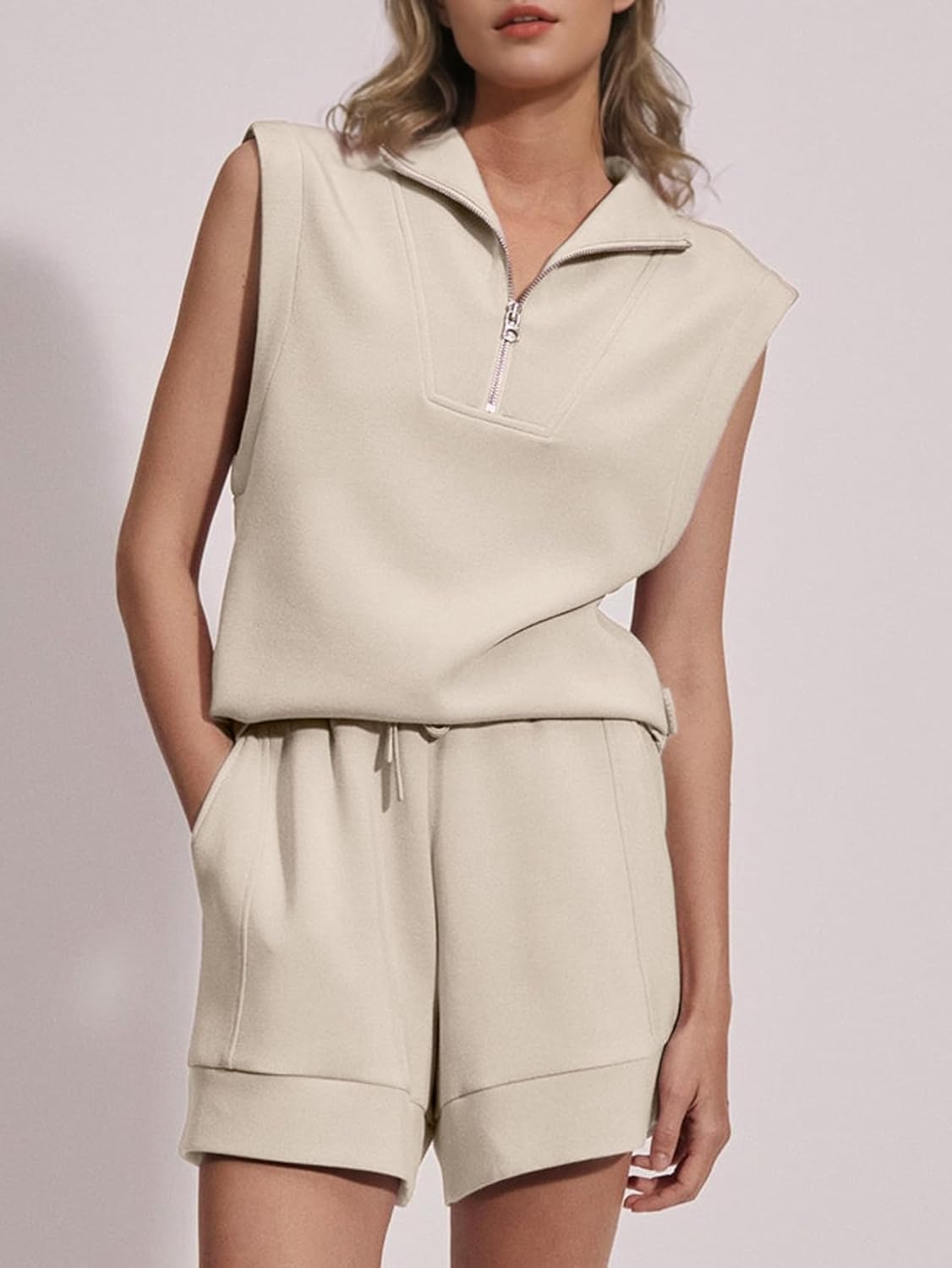 Half Zip Two Piece Athletic Shorts Set - Khaki