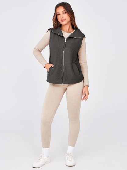 Fuzzy Sleeveless Zip Up Sherpa Vest with Pockets - Deep Grey