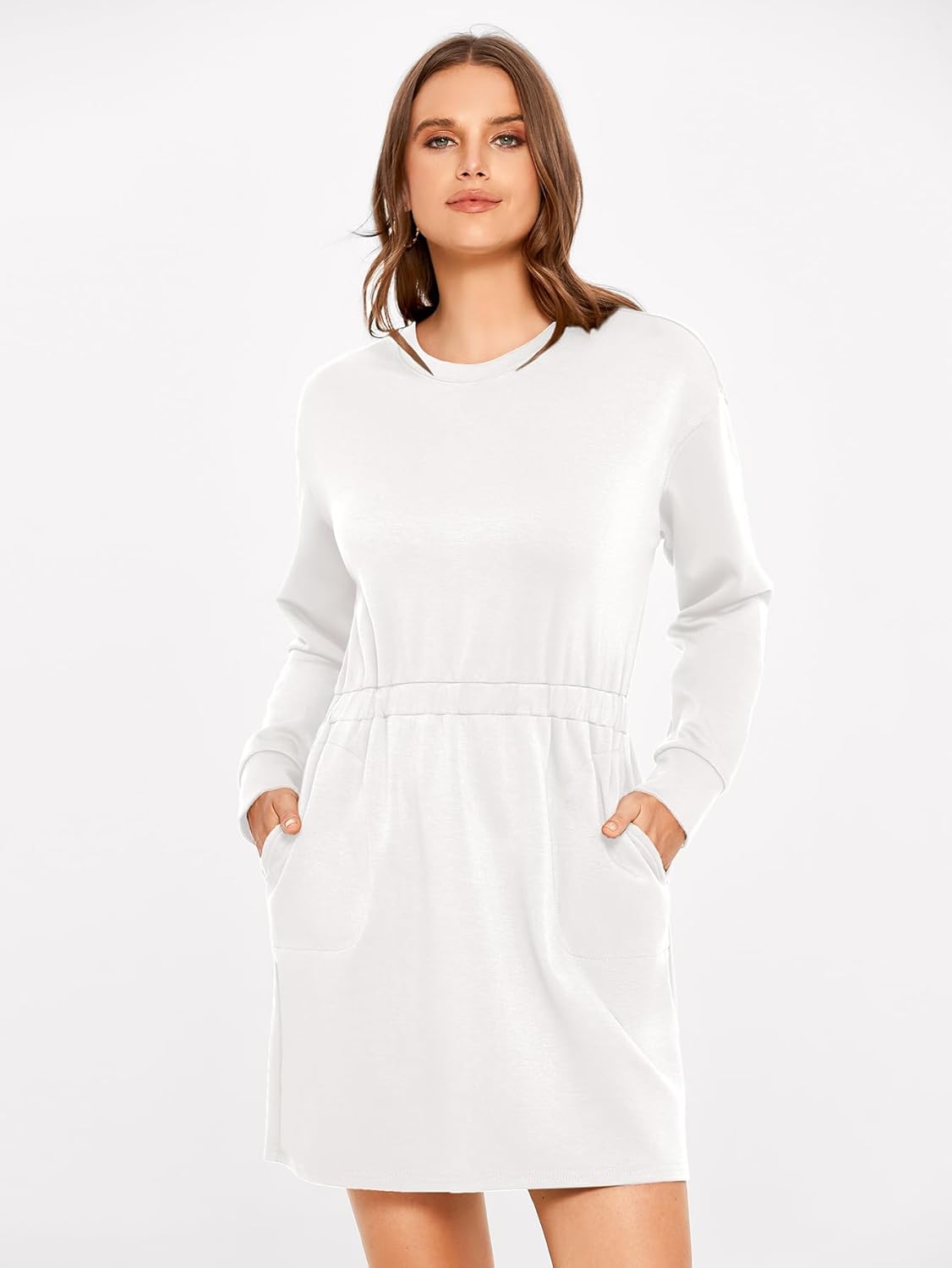 Glamaker Womens 2024 Fall Waistband Sweatshirt Dress Knit Long Sleeve Air Essential Crewneck Outfit Dress with Pockets-Glamaker