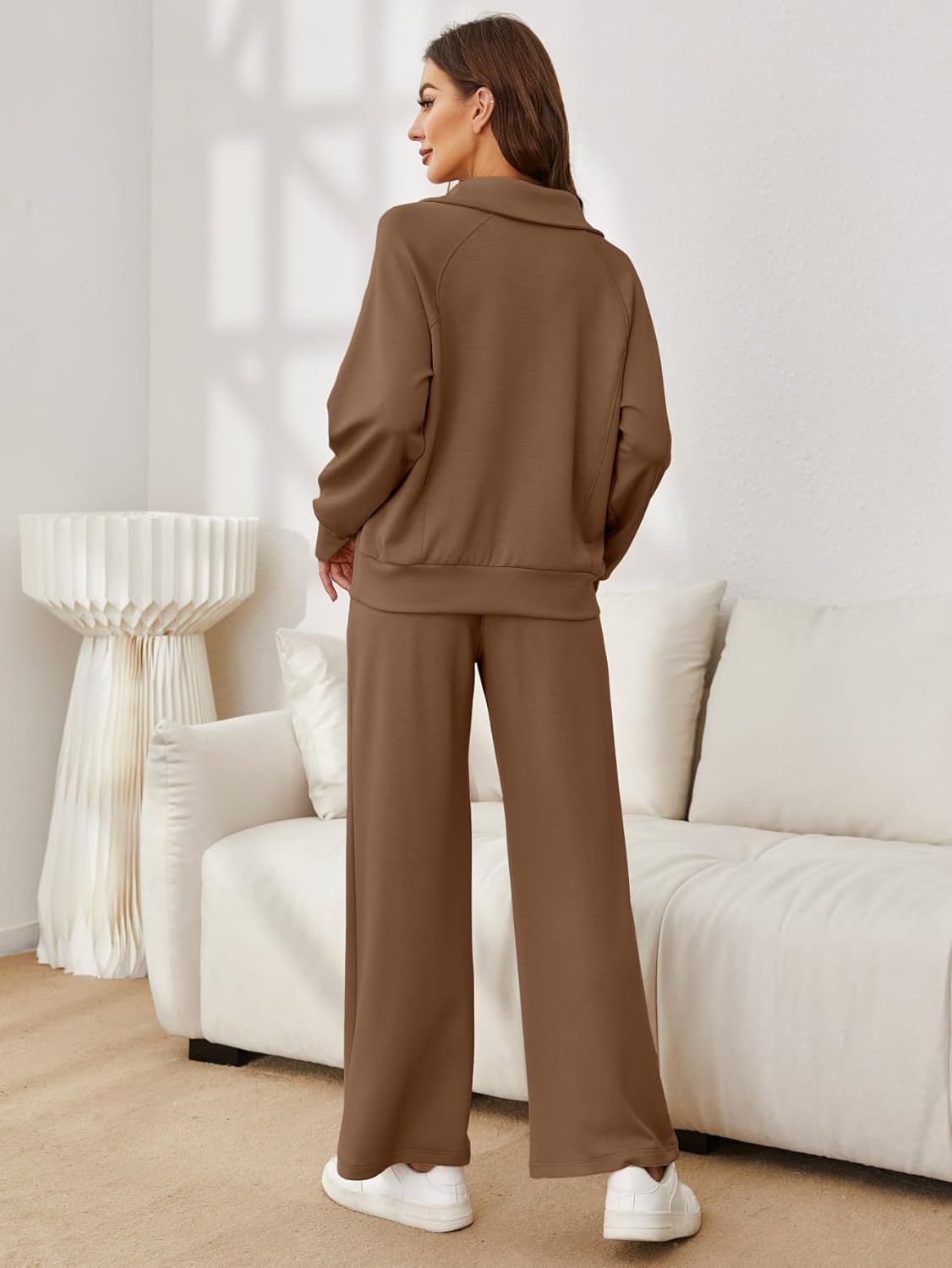 Oversized Half Zip Sweatshirt Wide Leg Pants Set - Brown
