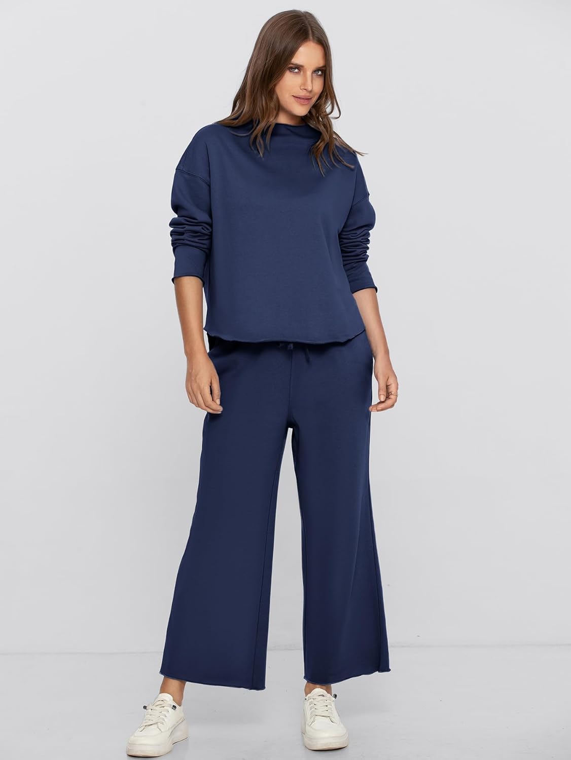 Mock Neck Pullover with Wide Leg Pants Set - Navy Blue