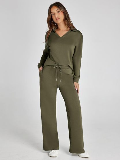 Lightweight Two Piece Polo Collar Lounge Set - Army Green