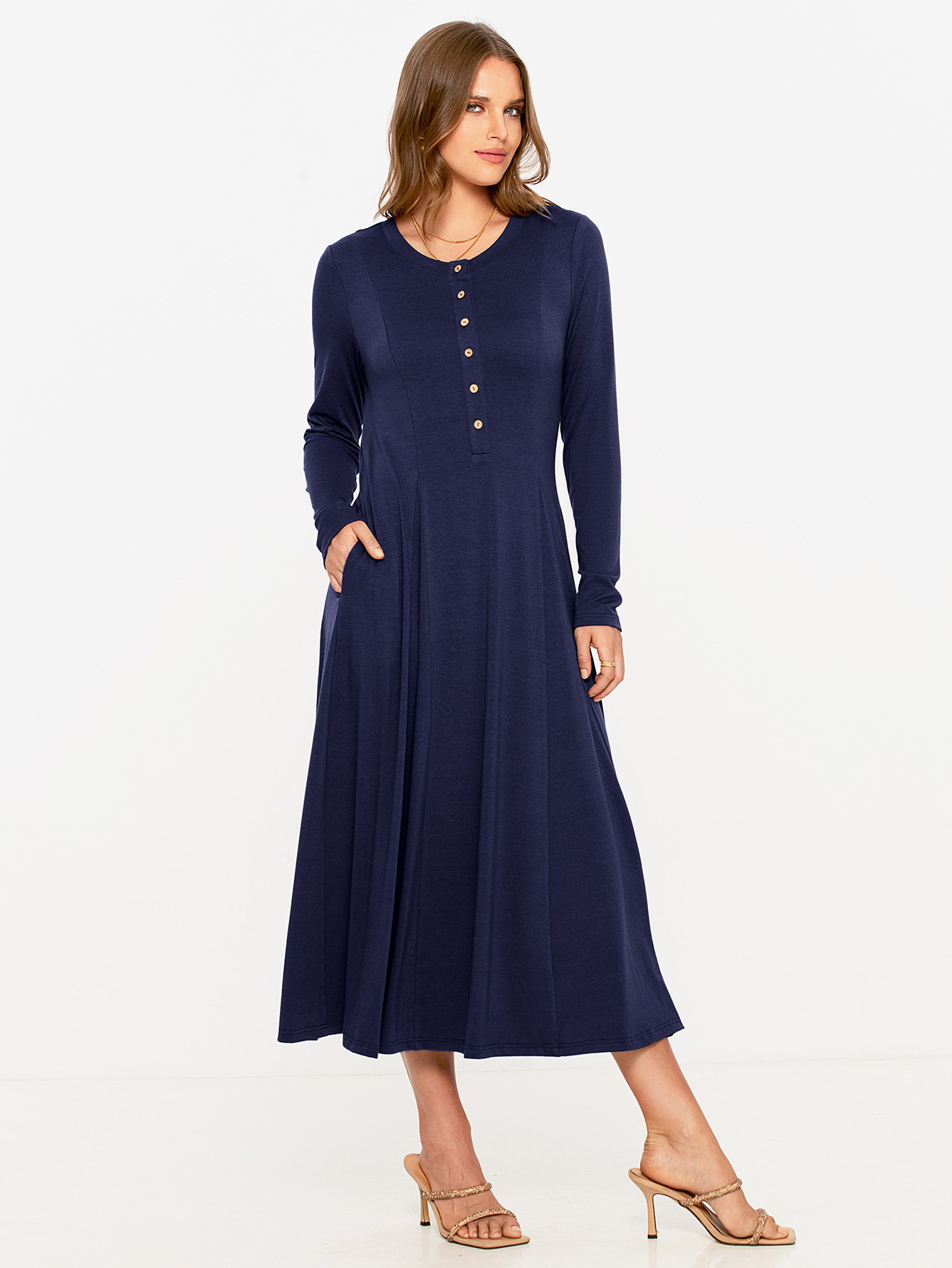 Rib Knit Long Sleeve A Line Midi Dress