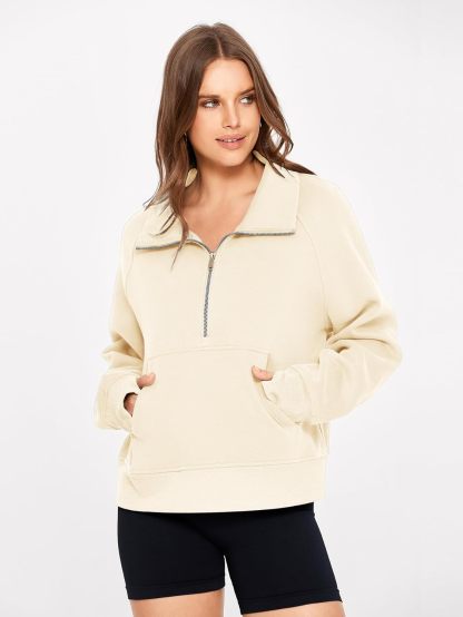 Half Zip Fleece Pullover Sweatshirt with Pockets - Apricot