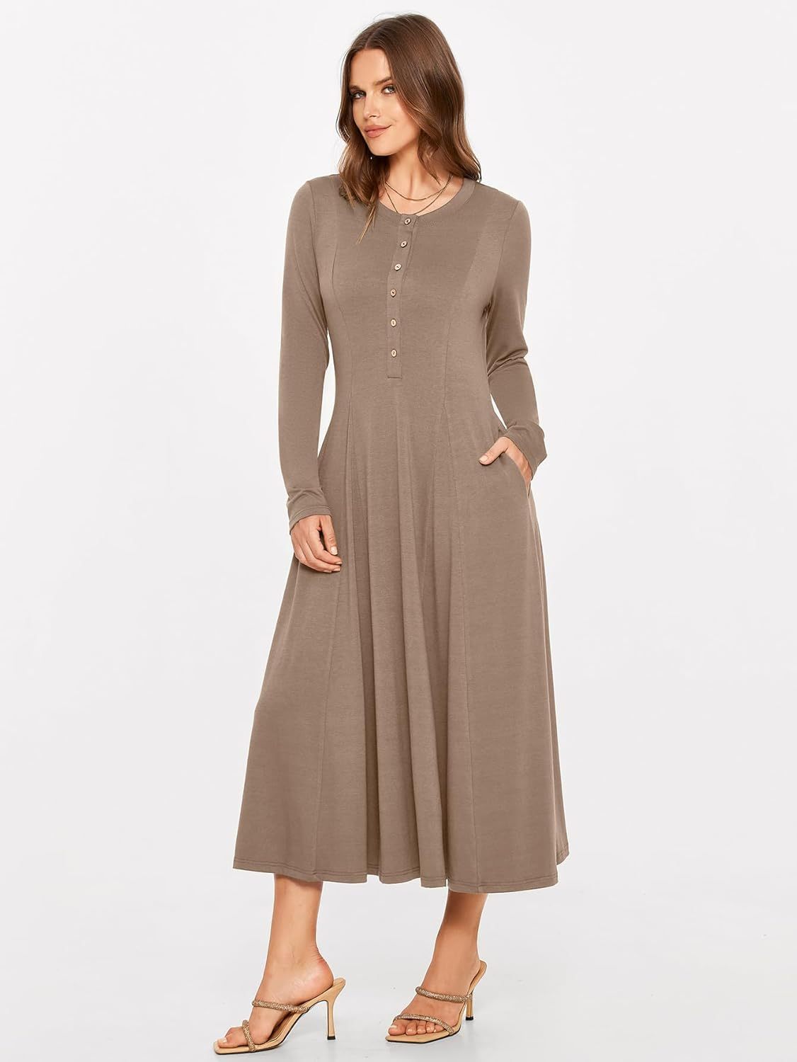 Rib Knit Long Sleeve A Line Midi Dress - Brown