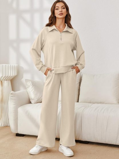 Oversized Half Zip Sweatshirt Wide Leg Pants Set - Light Khaki