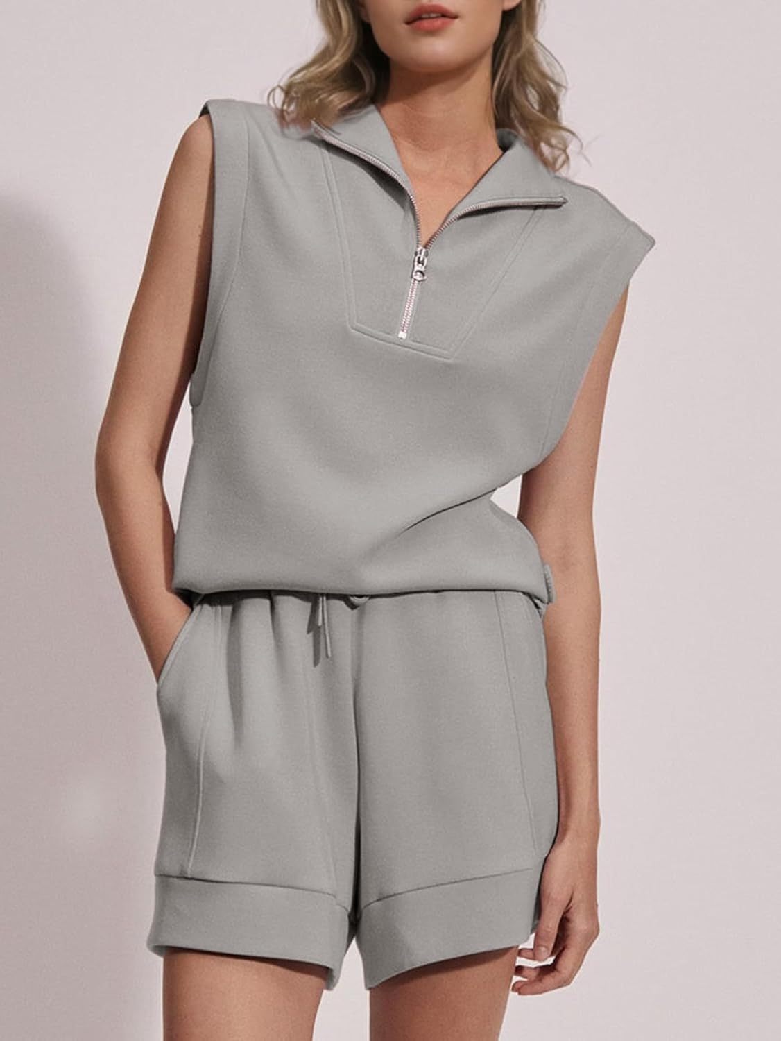 Half Zip Two Piece Athletic Shorts Set - Grey