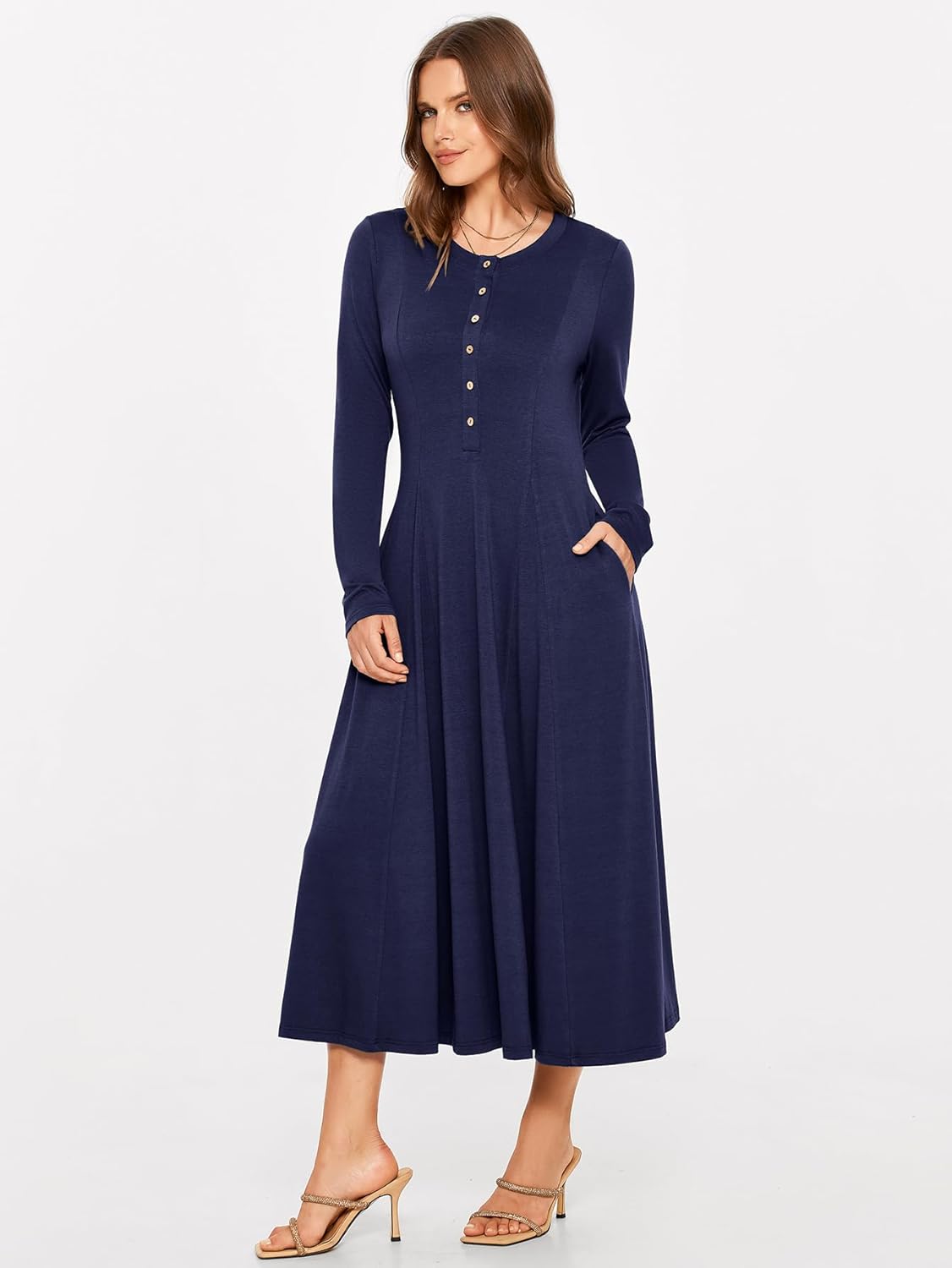Rib Knit Long Sleeve A Line Midi Dress - Navy Blue