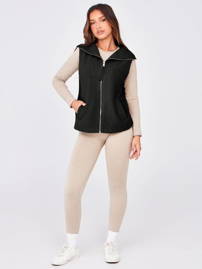 Fuzzy Sleeveless Zip Up Sherpa Vest with Pockets - Black
