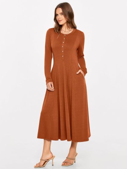 Rib Knit Long Sleeve A Line Midi Dress - Burnt Orange