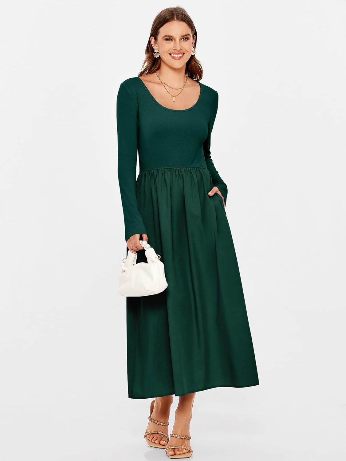 Knit Top Long Skirt Midi Dress with Side Pockets - Dark Green