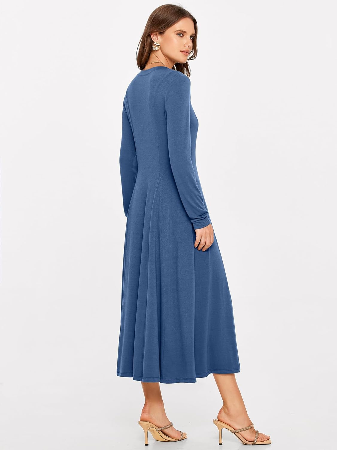 Rib Knit Long Sleeve A Line Midi Dress - Dark Blue