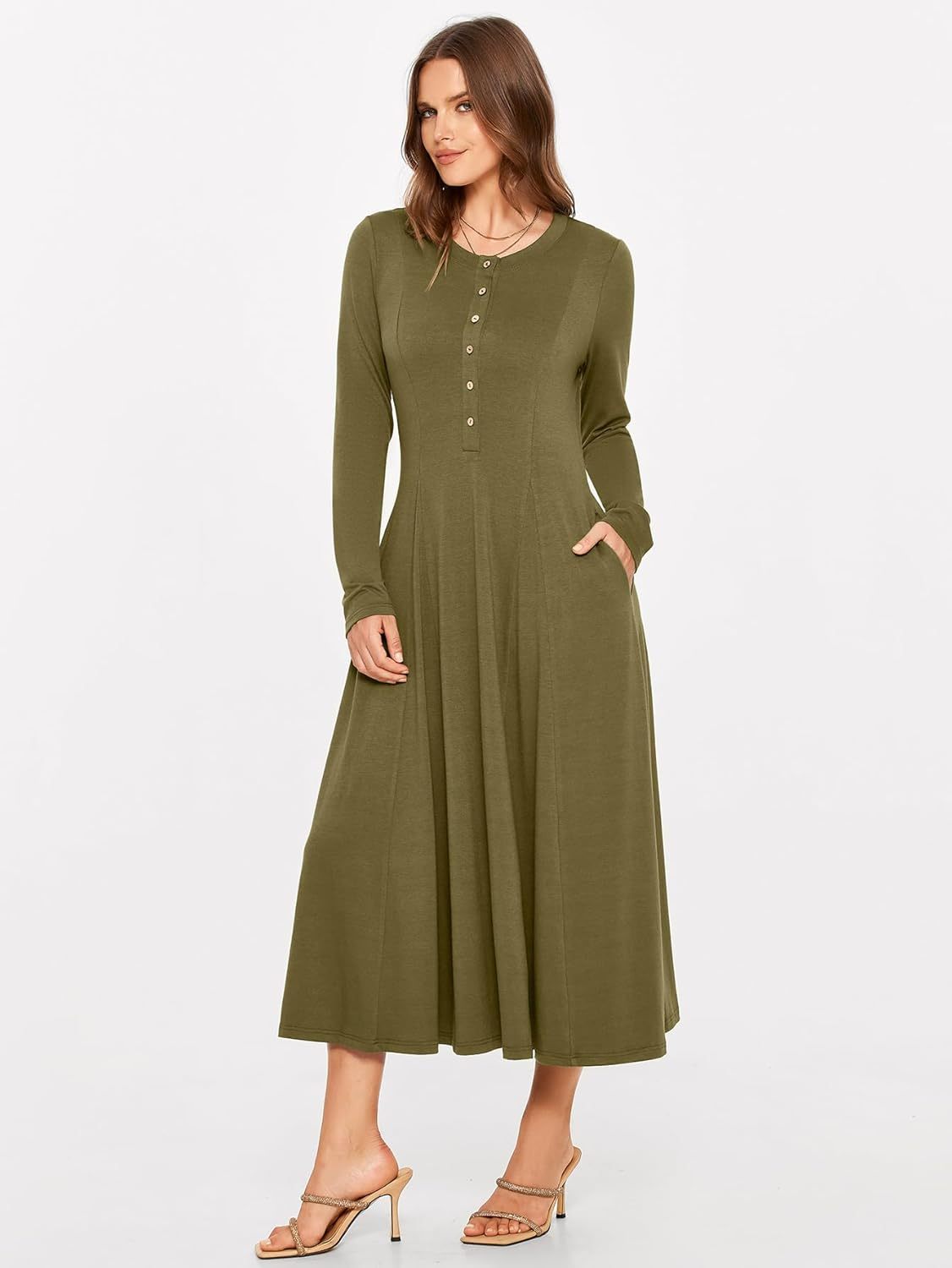 Rib Knit Long Sleeve A Line Midi Dress - Army Green