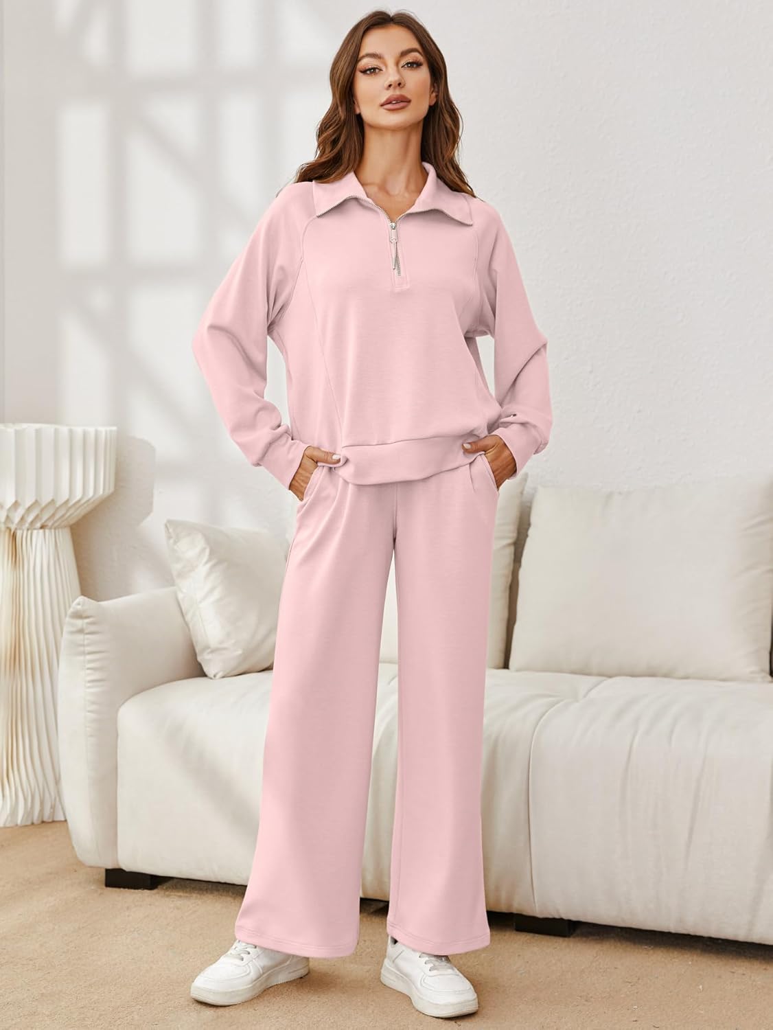 Oversized Half Zip Sweatshirt Wide Leg Pants Set - Pink