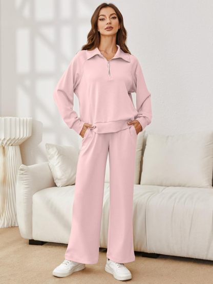 Oversized Half Zip Sweatshirt Wide Leg Pants Set - Pink