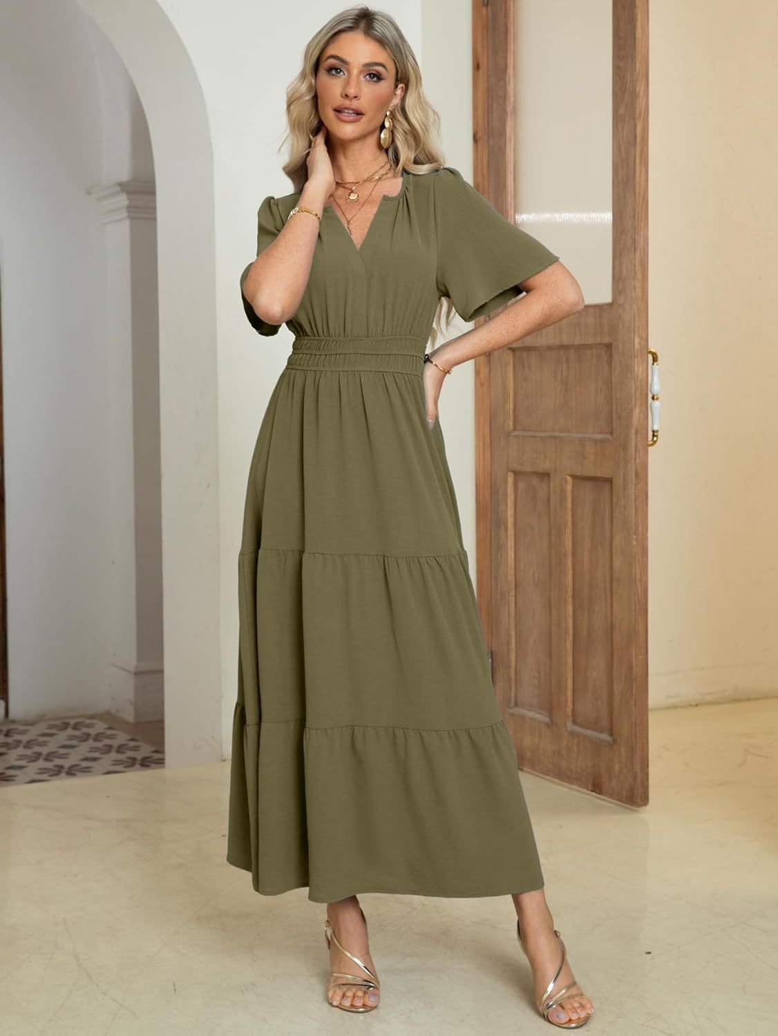 Somerset Flutter Sleeve Tiered Ruffle Maxi Dress - Army Green