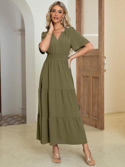 Somerset Flutter Sleeve Tiered Ruffle Maxi Dress - Army Green