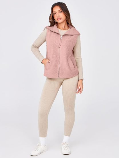Fuzzy Sleeveless Zip Up Sherpa Vest with Pockets - Grey Pink