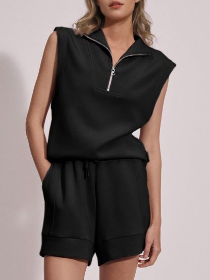 Half Zip Two Piece Athletic Shorts Set - Black