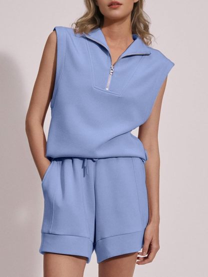 Half Zip Two Piece Athletic Shorts Set - Blue