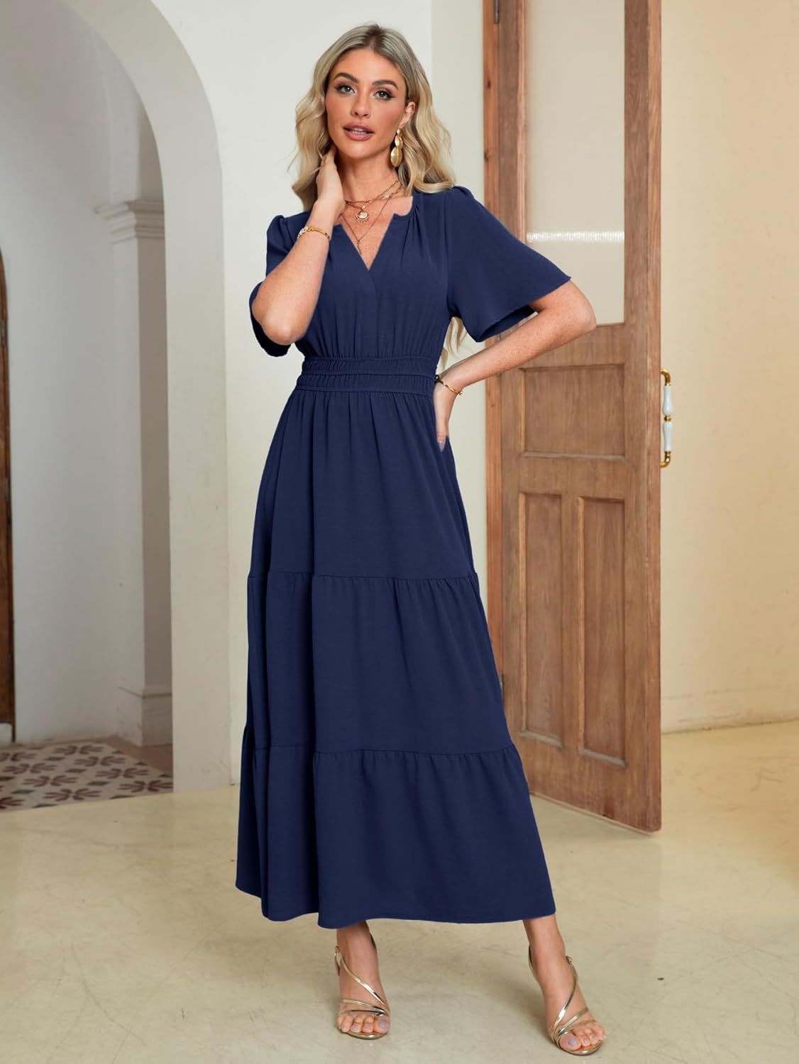 Somerset Flutter Sleeve Tiered Ruffle Maxi Dress - Navy Blue