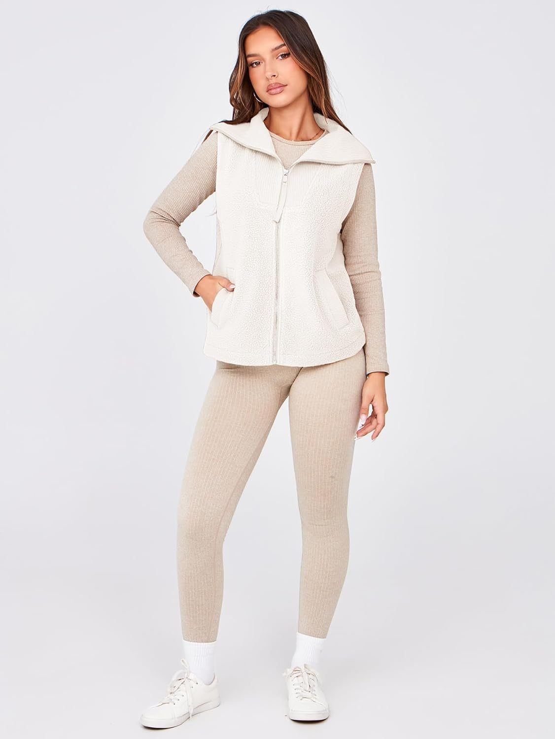 Fuzzy Sleeveless Zip Up Sherpa Vest with Pockets - Beige