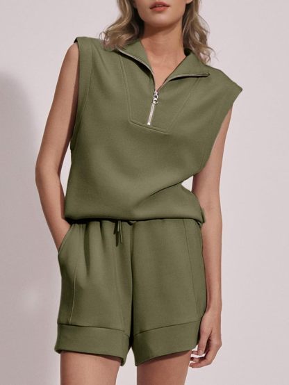 Half Zip Two Piece Athletic Shorts Set - Olive Green