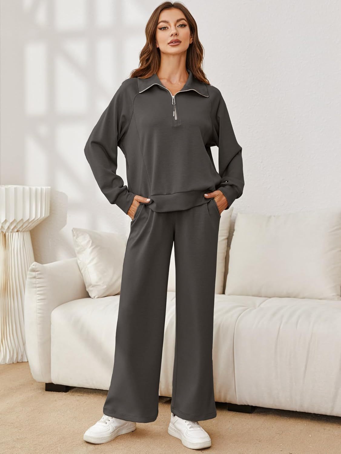 Oversized Half Zip Sweatshirt Wide Leg Pants Set - Dark Grey