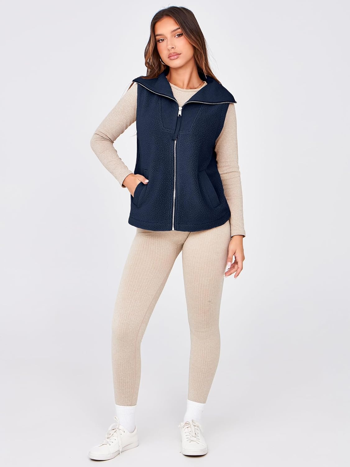 Fuzzy Sleeveless Zip Up Sherpa Vest with Pockets - Navy