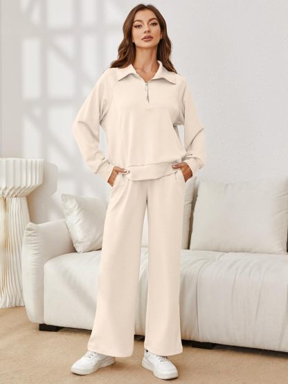 Oversized Half Zip Sweatshirt Wide Leg Pants Set - Apricot