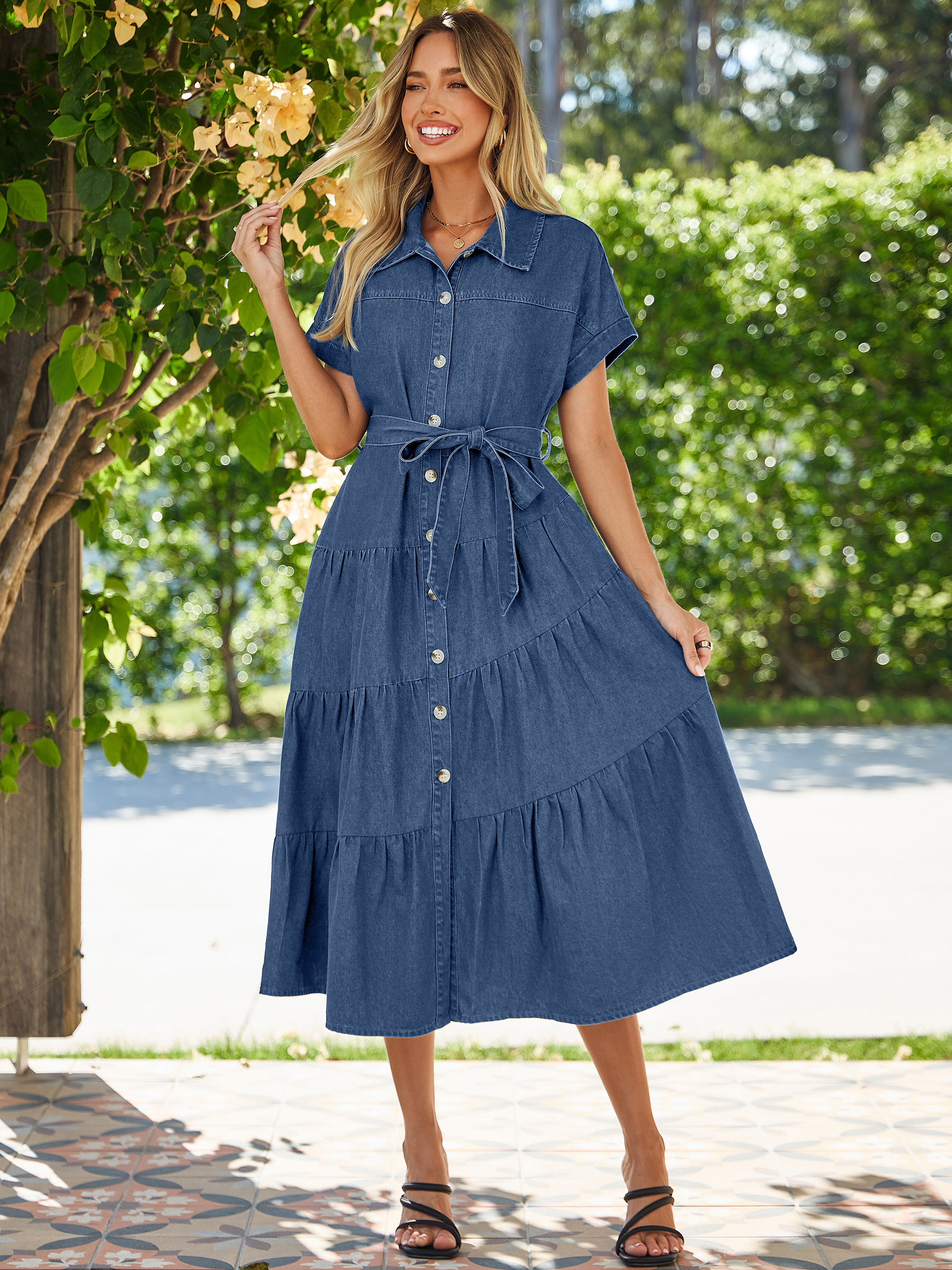 Short Sleeve Denim Belted Tiered Maxi Dress