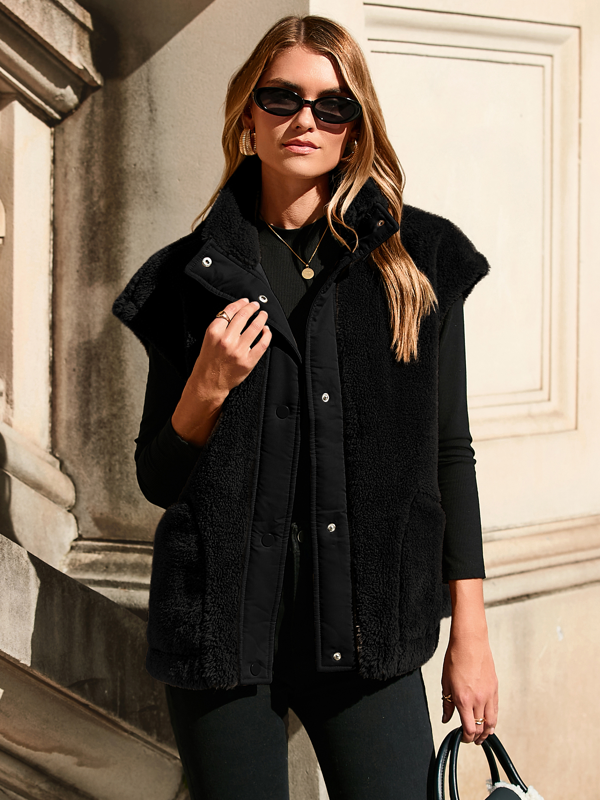 Fluffy Faux Fur Sherpa Vest Sleeveless Jacket - Black