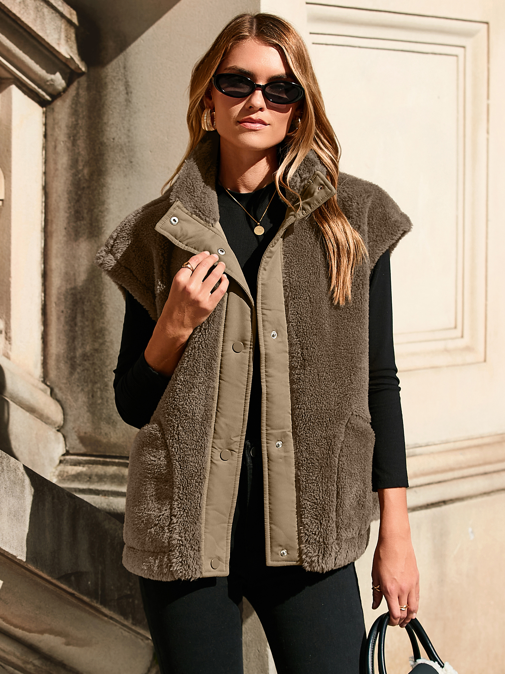 Fluffy Faux Fur Sherpa Vest Sleeveless Jacket - Coffee