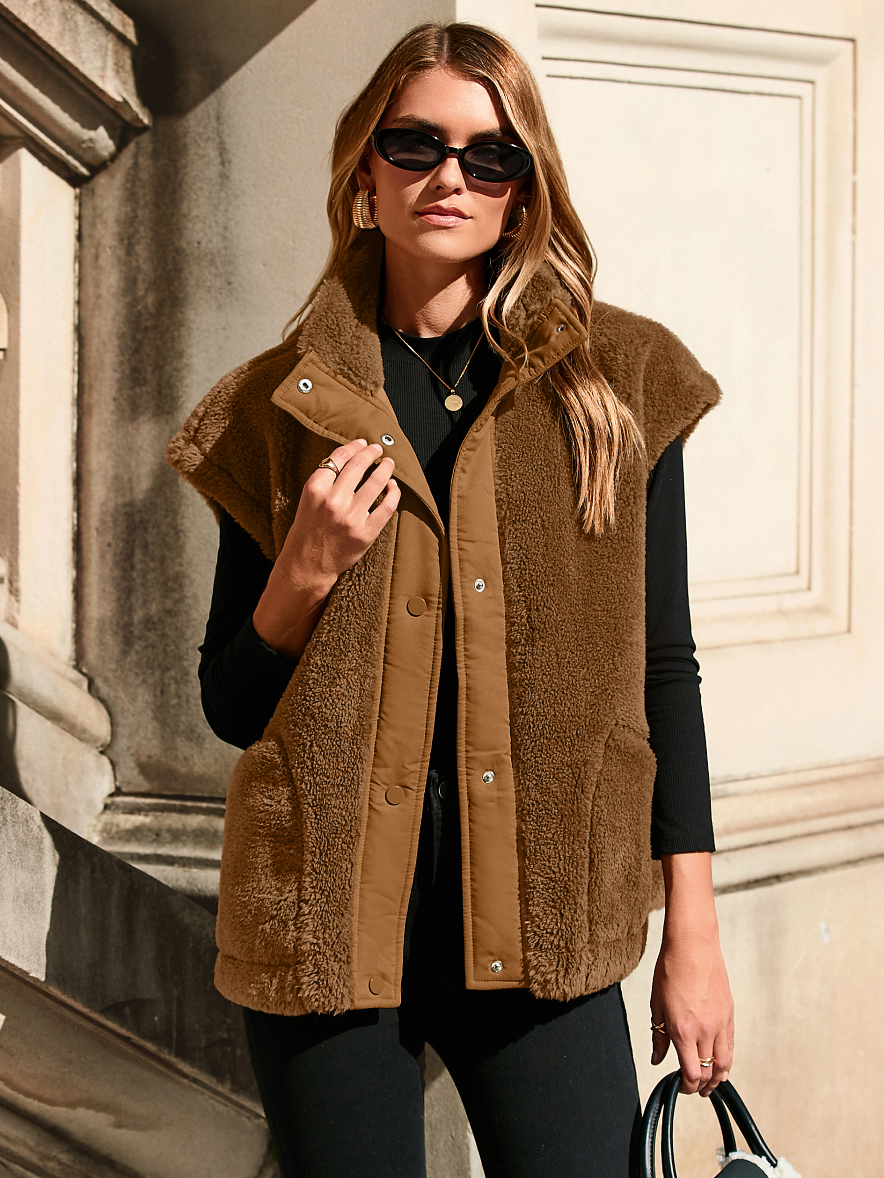 Fluffy Faux Fur Sherpa Vest Sleeveless Jacket - Brown