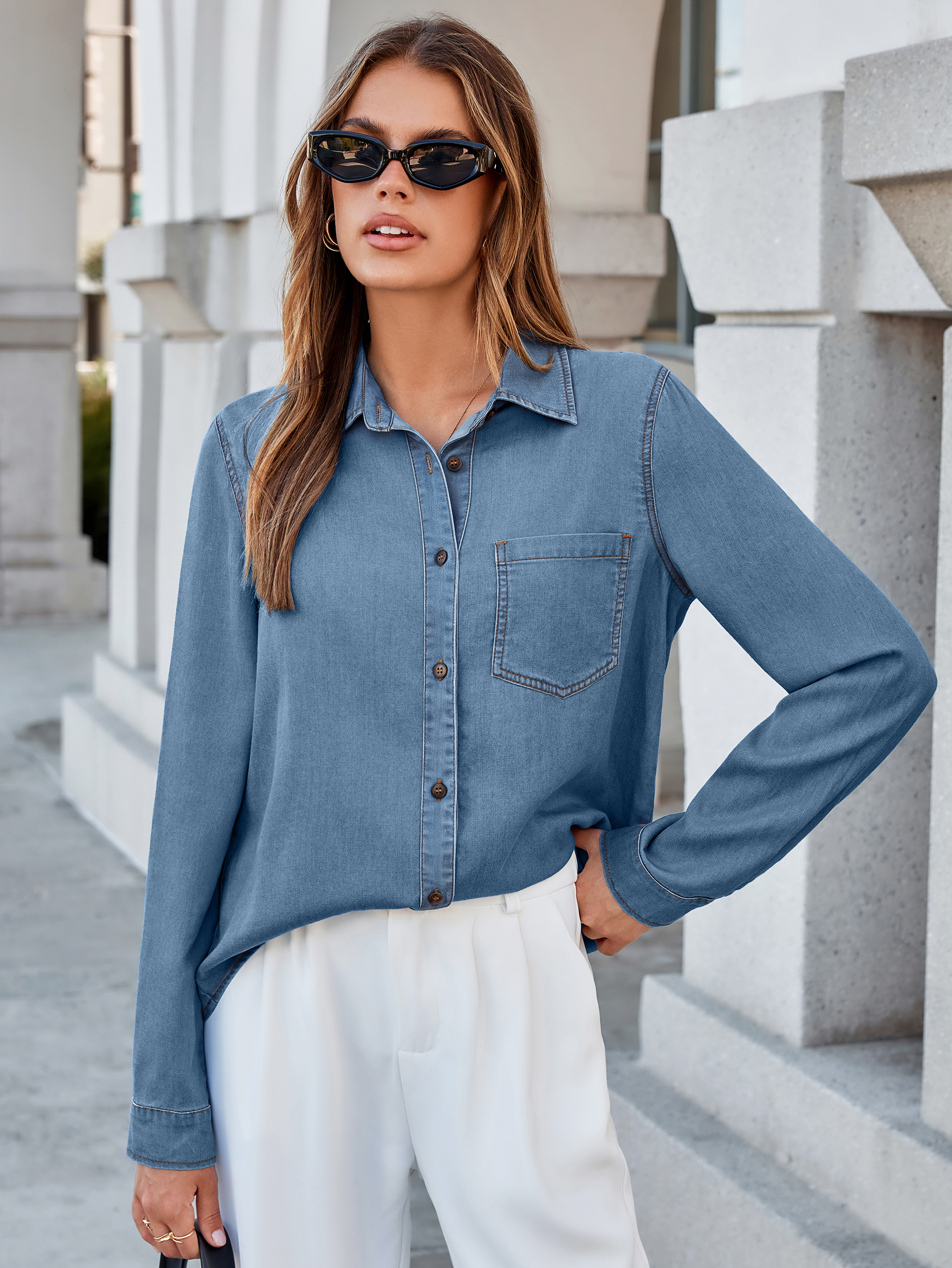 Stretch Lyocell Denim Button Down Shirt
