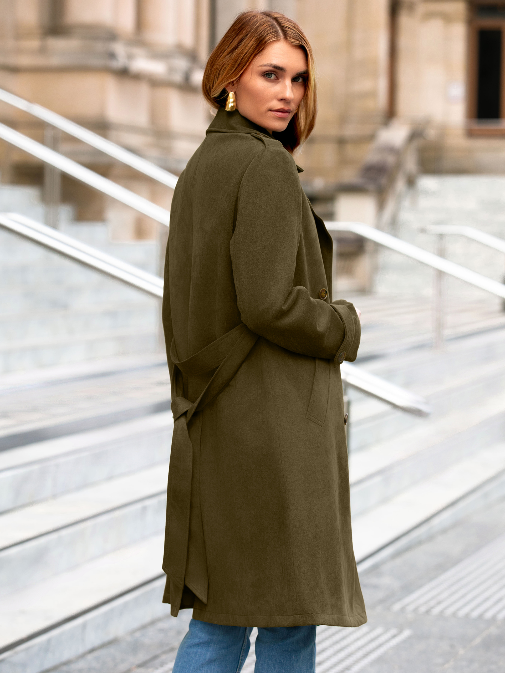Double Breasted Suede Lapel Belted Trench Coat - Army Green