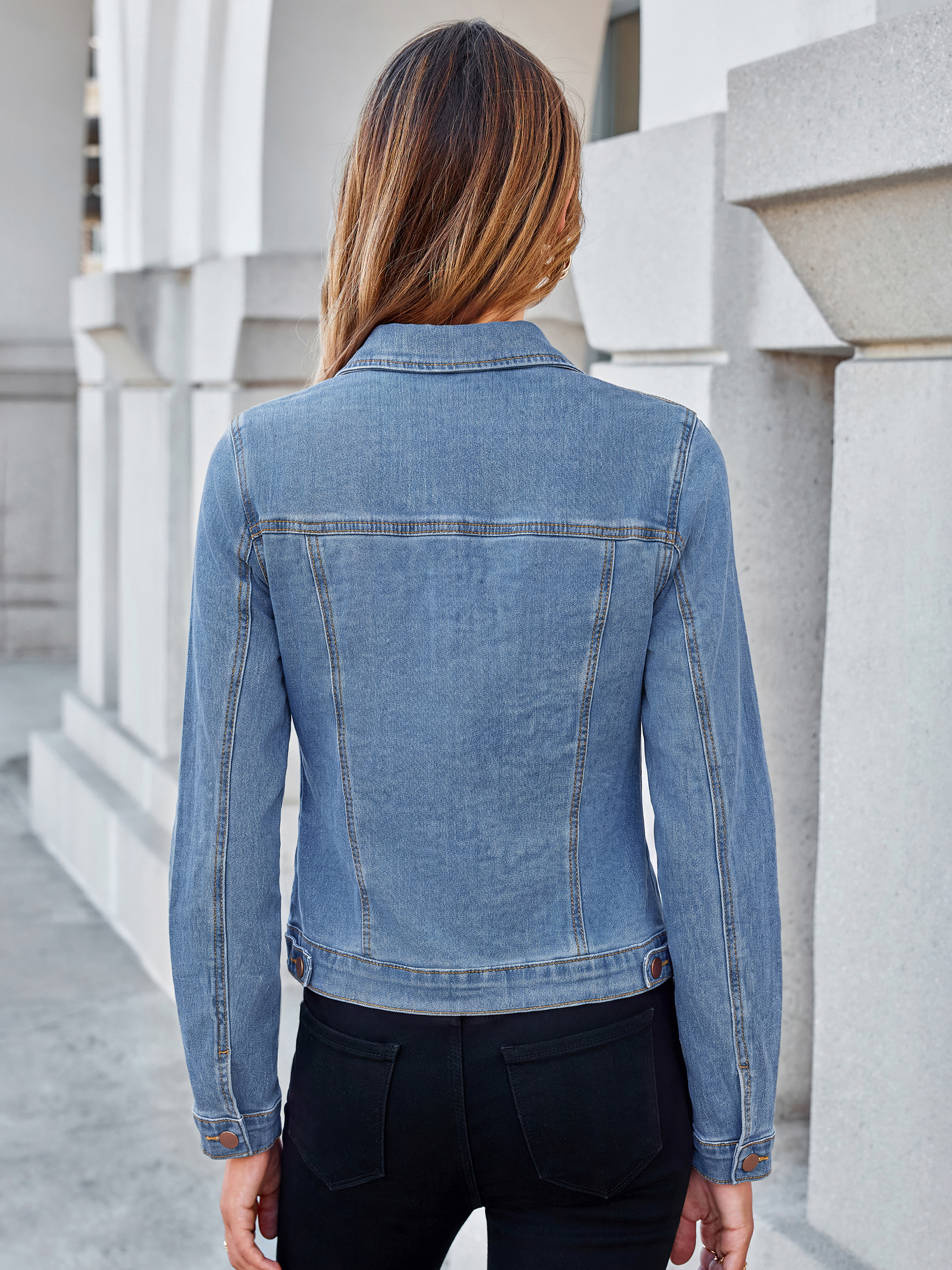 Cropped Button Down Stretch Fitted Denim Jacket