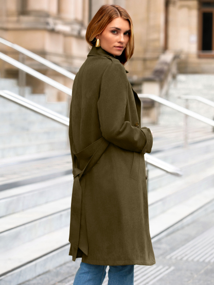 Double Breasted Suede Lapel Belted Trench Coat - Army Green