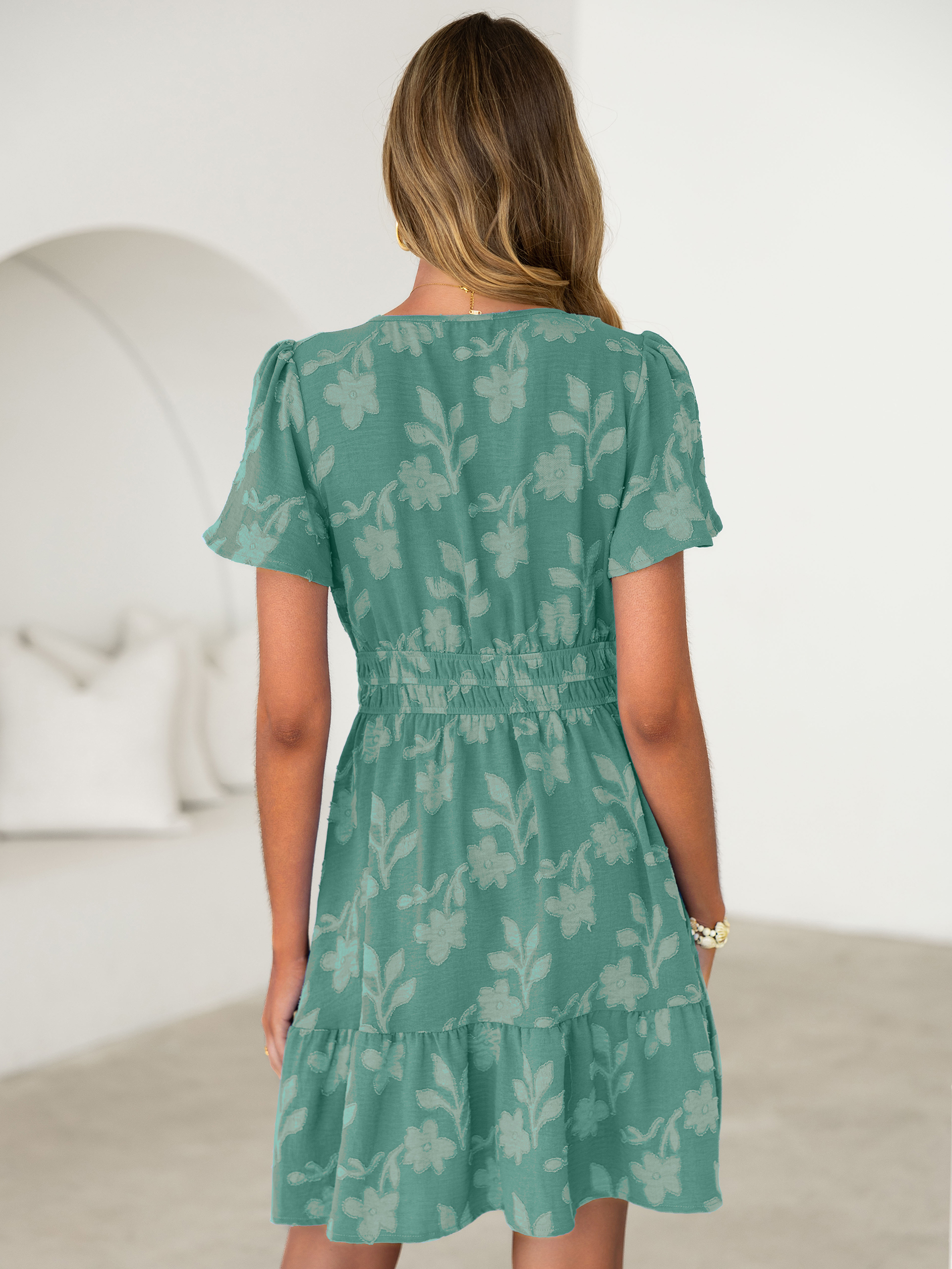 Floral Jacquard V Neck Short Sleeve Mini Dress