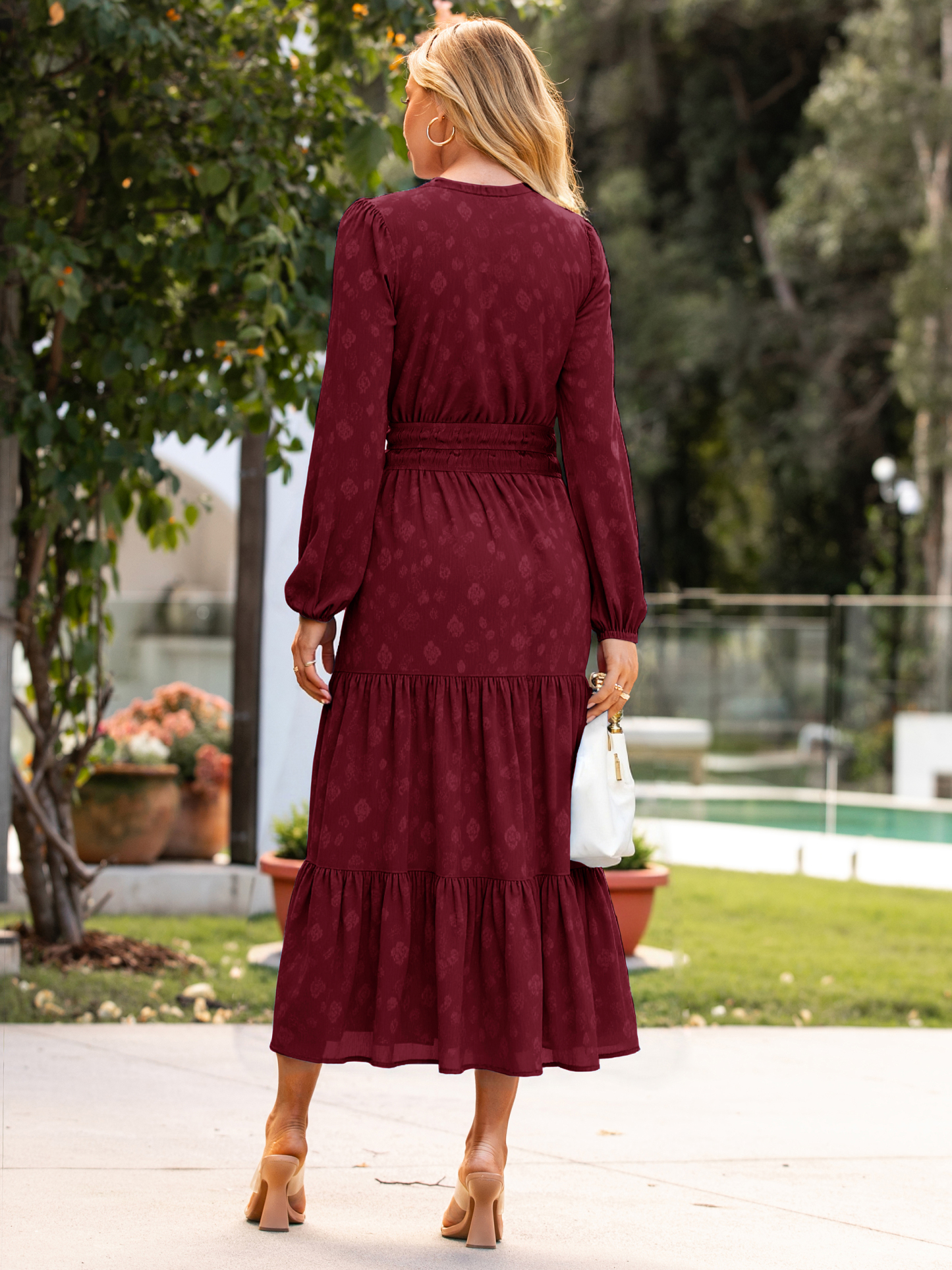 Jacquard Long Sleeve Tiered Maxi Dress - Wine Red