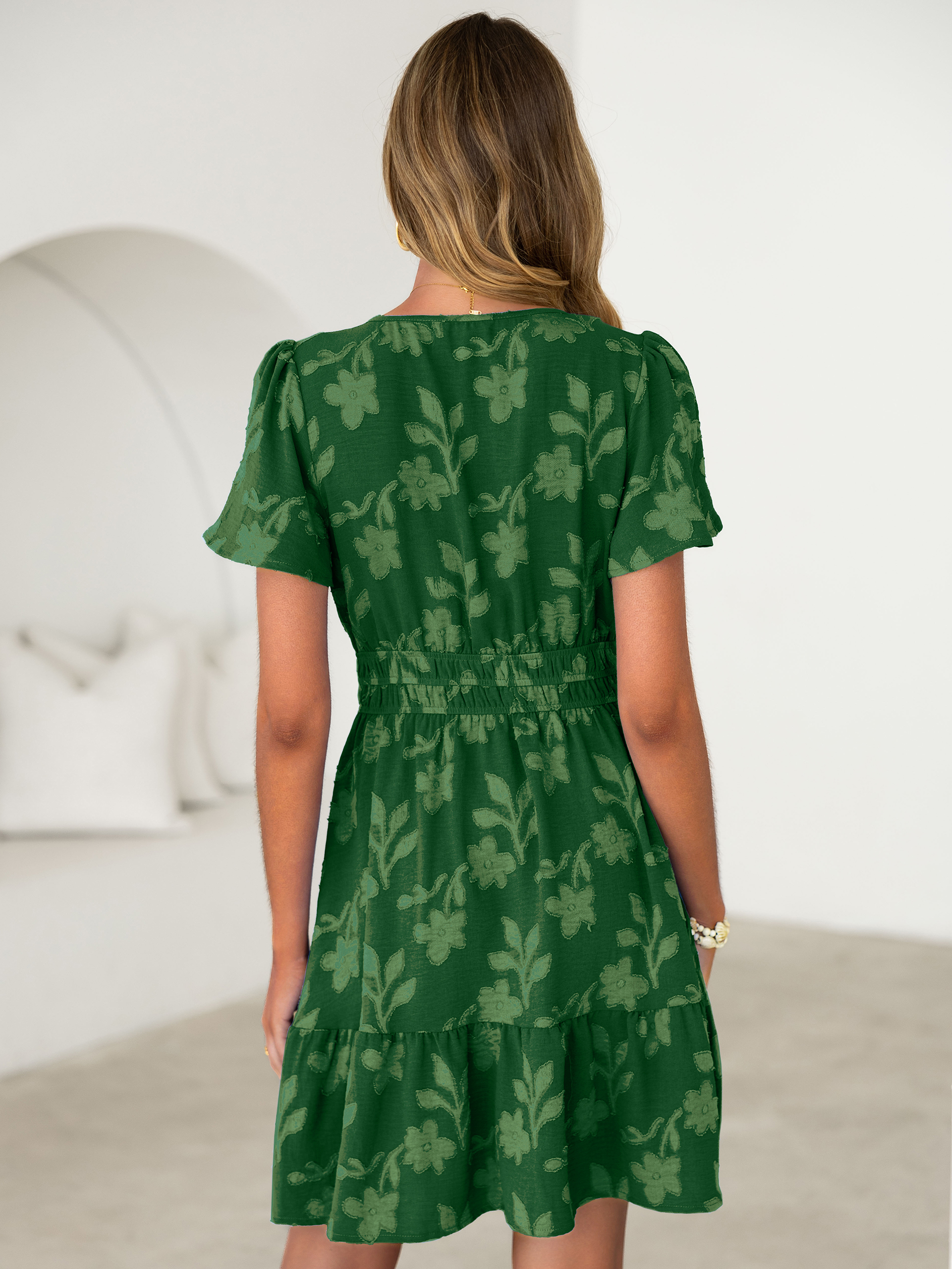 Floral Jacquard V Neck Short Sleeve Mini Dress