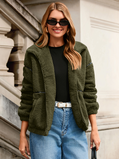 Sherpa Fuzzy Fleece Zip Up Jacket with Pockets